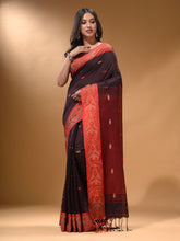 Load image into Gallery viewer, Brown Cotton Handspun Soft Saree With Nakshi Border And Contrast With Red Pallu
