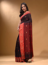 Load image into Gallery viewer, Brown Cotton Handspun Soft Saree With Nakshi Border And Contrast With Red Pallu