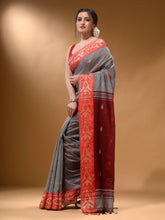 Load image into Gallery viewer, Grey Cotton Handspun Soft Saree With Nakshi Border And Contrast With Red Pallu