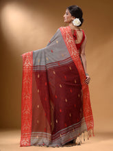 Load image into Gallery viewer, Grey Cotton Handspun Soft Saree With Nakshi Border And Contrast With Red Pallu