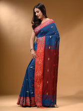 Load image into Gallery viewer, Yale Blue Cotton Handspun Soft Saree With Nakshi Border And Contrast With Red Pallu