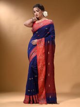 Load image into Gallery viewer, Blue Cotton Handspun Soft Saree With Nakshi Border And Contrast With Red Pallu
