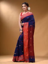 Load image into Gallery viewer, Blue Cotton Handspun Soft Saree With Nakshi Border And Contrast With Red Pallu