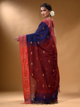 Load image into Gallery viewer, Blue Cotton Handspun Soft Saree With Nakshi Border And Contrast With Red Pallu
