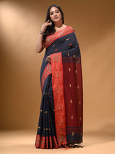 Load image into Gallery viewer, Licorise Black Cotton Handspun Soft Saree With Nakshi Border And Contrast With Red Pallu