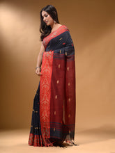 Load image into Gallery viewer, Licorise Black Cotton Handspun Soft Saree With Nakshi Border And Contrast With Red Pallu