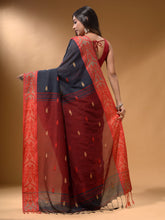 Load image into Gallery viewer, Licorise Black Cotton Handspun Soft Saree With Nakshi Border And Contrast With Red Pallu