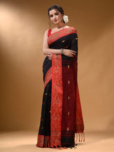 Load image into Gallery viewer, Black Cotton Handspun Soft Saree With Nakshi Border And Contrast With Red Pallu