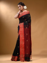 Load image into Gallery viewer, Black Cotton Handspun Soft Saree With Nakshi Border And Contrast With Red Pallu