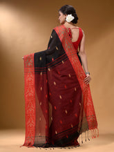 Load image into Gallery viewer, Black Cotton Handspun Soft Saree With Nakshi Border And Contrast With Red Pallu