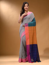 Load image into Gallery viewer, Grey Cotton Handspun Soft Saree With Contrast Multicolor Pallu