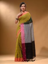 Load image into Gallery viewer, Sheen Green Cotton Handspun Soft Saree With Contrast Multicolor Pallu