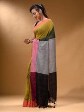 Load image into Gallery viewer, Sheen Green Cotton Handspun Soft Saree With Contrast Multicolor Pallu
