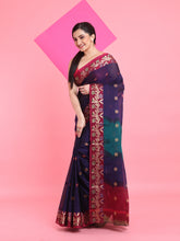 Load image into Gallery viewer, Blue Cotton Soft Saree With Floral Motifs
