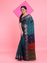 Load image into Gallery viewer, Teal Green Cotton Soft Saree With Floral Motifs