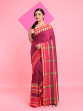 Load image into Gallery viewer, Fuchsia Cotton Handspun Saree With Temple Borders
