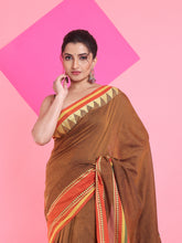 Load image into Gallery viewer, Ochre Yellow Cotton Handspun Saree With Temple Borders