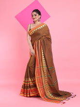 Load image into Gallery viewer, Ochre Yellow Cotton Handspun Saree With Temple Borders