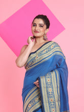 Load image into Gallery viewer, Sapphire Blue Cotton Handspun Saree With Nakshi Borders