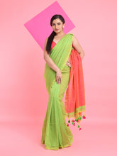 Load image into Gallery viewer, Parrot Green Cotton Handspun Soft Saree With Contrast Orange Pallu