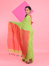 Load image into Gallery viewer, Parrot Green Cotton Handspun Soft Saree With Contrast Orange Pallu