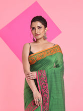 Load image into Gallery viewer, Green Cotton Handspun Saree With Nakshi Border