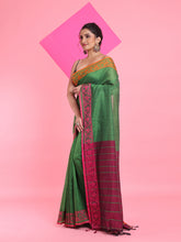 Load image into Gallery viewer, Green Cotton Handspun Saree With Nakshi Border