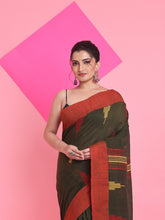 Load image into Gallery viewer, Seaweed Green Cotton Handspun Saree With Thread Work