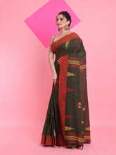 Load image into Gallery viewer, Seaweed Green Cotton Handspun Saree With Thread Work