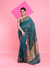 Load image into Gallery viewer, Teal Cotton Saree With Texture Pattern
