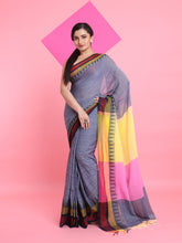 Load image into Gallery viewer, Grey Cotton Saree With Contrast Border