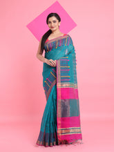 Load image into Gallery viewer, Teal Cotton Silk Saree With Check Designs