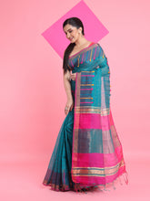 Load image into Gallery viewer, Teal Cotton Silk Saree With Check Designs