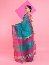Load image into Gallery viewer, Teal Cotton Silk Saree With Check Designs