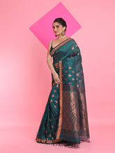 Load image into Gallery viewer, Teal Linen Saree With Nakshi Pallu