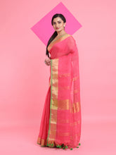 Load image into Gallery viewer, Pink Linen Saree With Zari Border