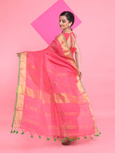 Load image into Gallery viewer, Pink Linen Saree With Zari Border