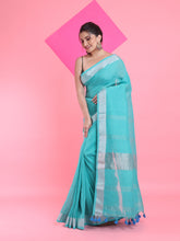 Load image into Gallery viewer, Sea Green Linen Saree With Zari Border