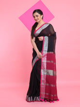 Load image into Gallery viewer, Black Linen Saree With Zari Border
