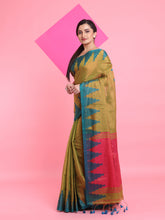 Load image into Gallery viewer, Olive Green Tissue Saree With Temple Borders
