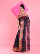 Load image into Gallery viewer, Navy Blue Pure Cotton Tant Saree With Woven Designs