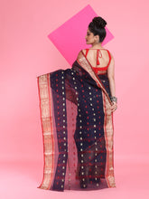 Load image into Gallery viewer, Navy Blue Pure Cotton Tant Saree With Woven Designs