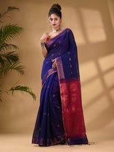 Load image into Gallery viewer, Blue Cotton Blend Handwoven Saree With Woven Zari Border