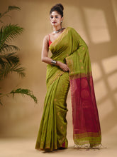 Load image into Gallery viewer, Lime Green Cotton Blend Handwoven Saree With Woven Zari Border