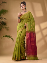 Load image into Gallery viewer, Lime Green Cotton Blend Handwoven Saree With Woven Zari Border