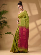 Load image into Gallery viewer, Lime Green Cotton Blend Handwoven Saree With Woven Zari Border
