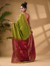 Load image into Gallery viewer, Lime Green Cotton Blend Handwoven Saree With Woven Zari Border