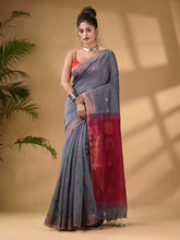 Load image into Gallery viewer, Grey Cotton Blend Handwoven Saree With Woven Zari Border