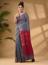 Load image into Gallery viewer, Grey Cotton Blend Handwoven Saree With Woven Zari Border