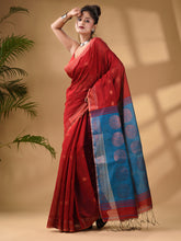 Load image into Gallery viewer, Red Cotton Blend Handwoven Saree With Woven Zari Border